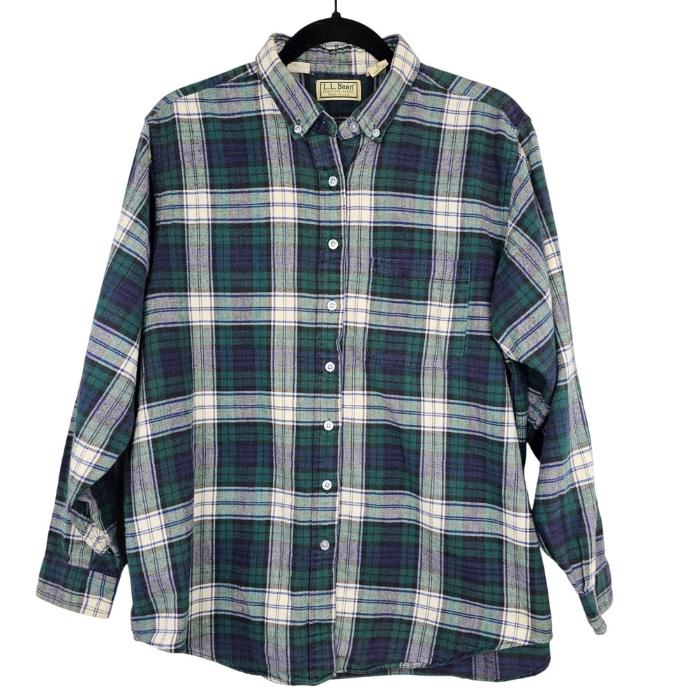 LL Bean Vintage Women's Flannel Plaid Button Up Shirt Green Blue Cream Size 16